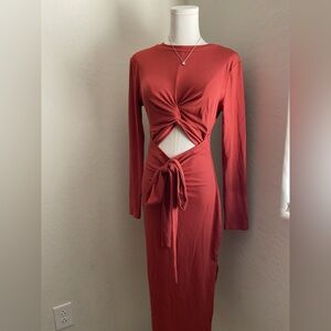 Elegant Rust Long Sleeve Cut-Out Dress